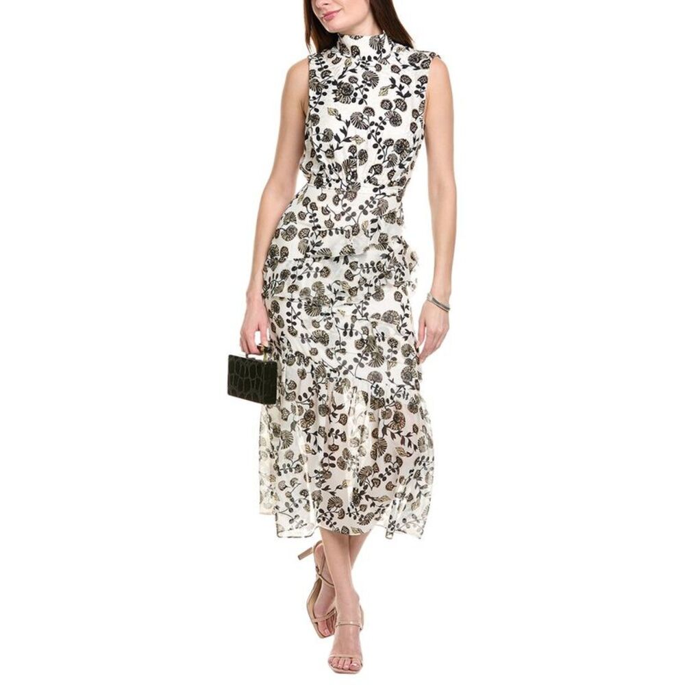 Saloni Womens Stamped Silk Midi Dress, White